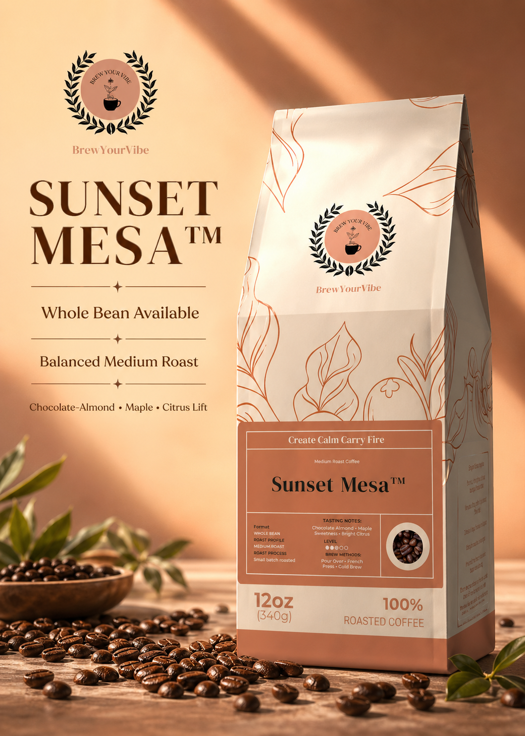 SUNSET MESA™ — Medium Roast Coffee (Ground)  Tasting Notes: Chocolate-Almond • Maple • Citrus - Origins: Brazil • Mexico (Chiapas) — 100% Arabica