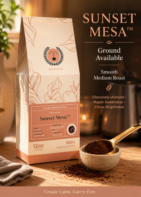 SUNSET MESA™ — Medium Roast Coffee (Ground)  Tasting Notes: Chocolate-Almond • Maple • Citrus - Origins: Brazil • Mexico (Chiapas) — 100% Arabica