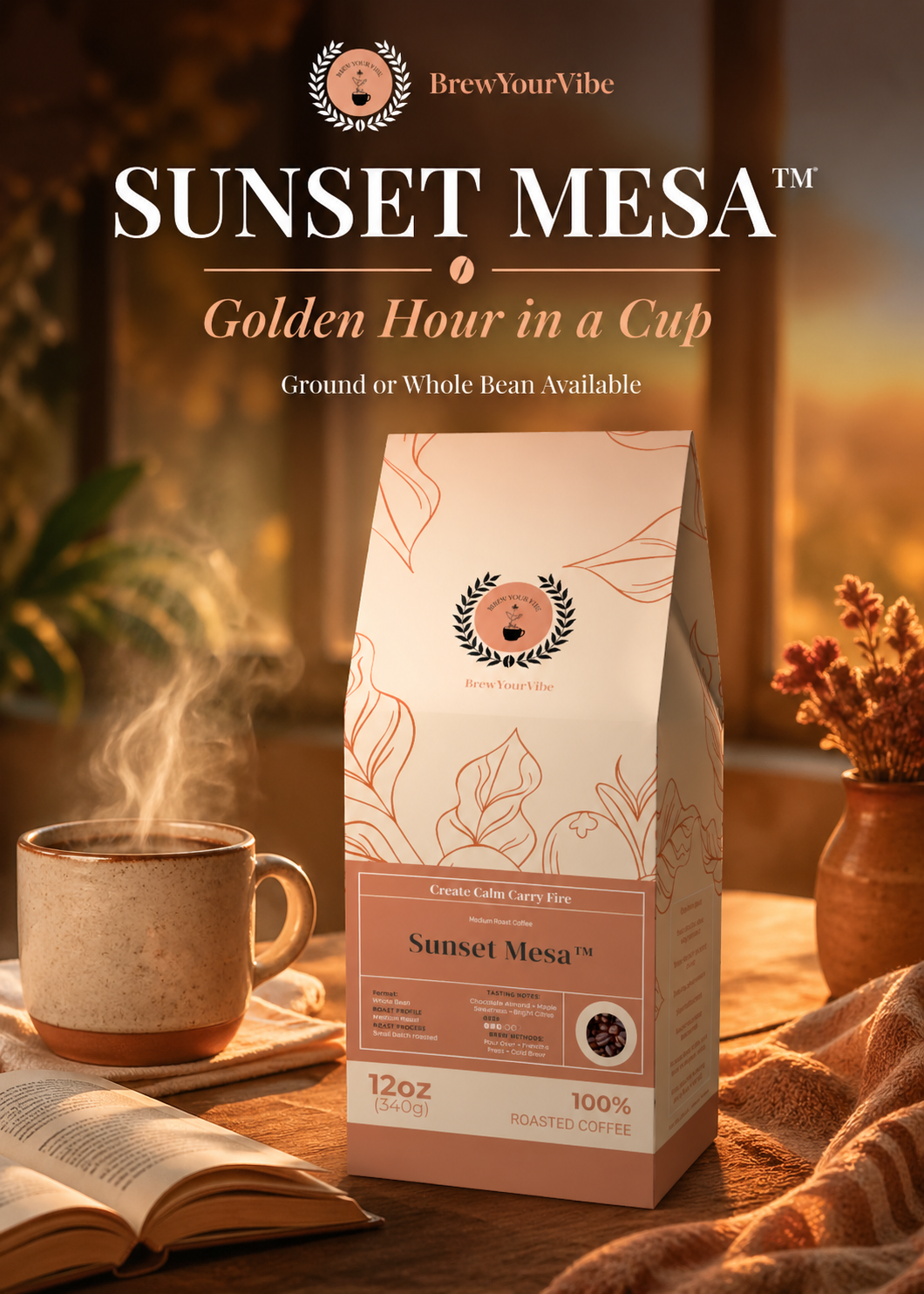 SUNSET MESA™ — Medium Roast Coffee (Ground)  Tasting Notes: Chocolate-Almond • Maple • Citrus - Origins: Brazil • Mexico (Chiapas) — 100% Arabica