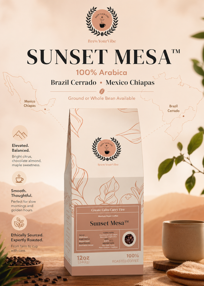 SUNSET MESA™ — Medium Roast Coffee (Ground)  Tasting Notes: Chocolate-Almond • Maple • Citrus - Origins: Brazil • Mexico (Chiapas) — 100% Arabica