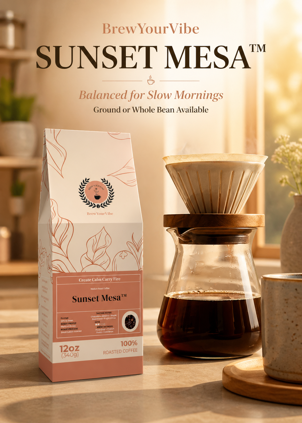 SUNSET MESA™ — Medium Roast Coffee (Whole Bean)  Tasting Notes: Chocolate-Almond • Maple • Citrus - Origins: Brazil • Mexico (Chiapas) — 100% Arabica