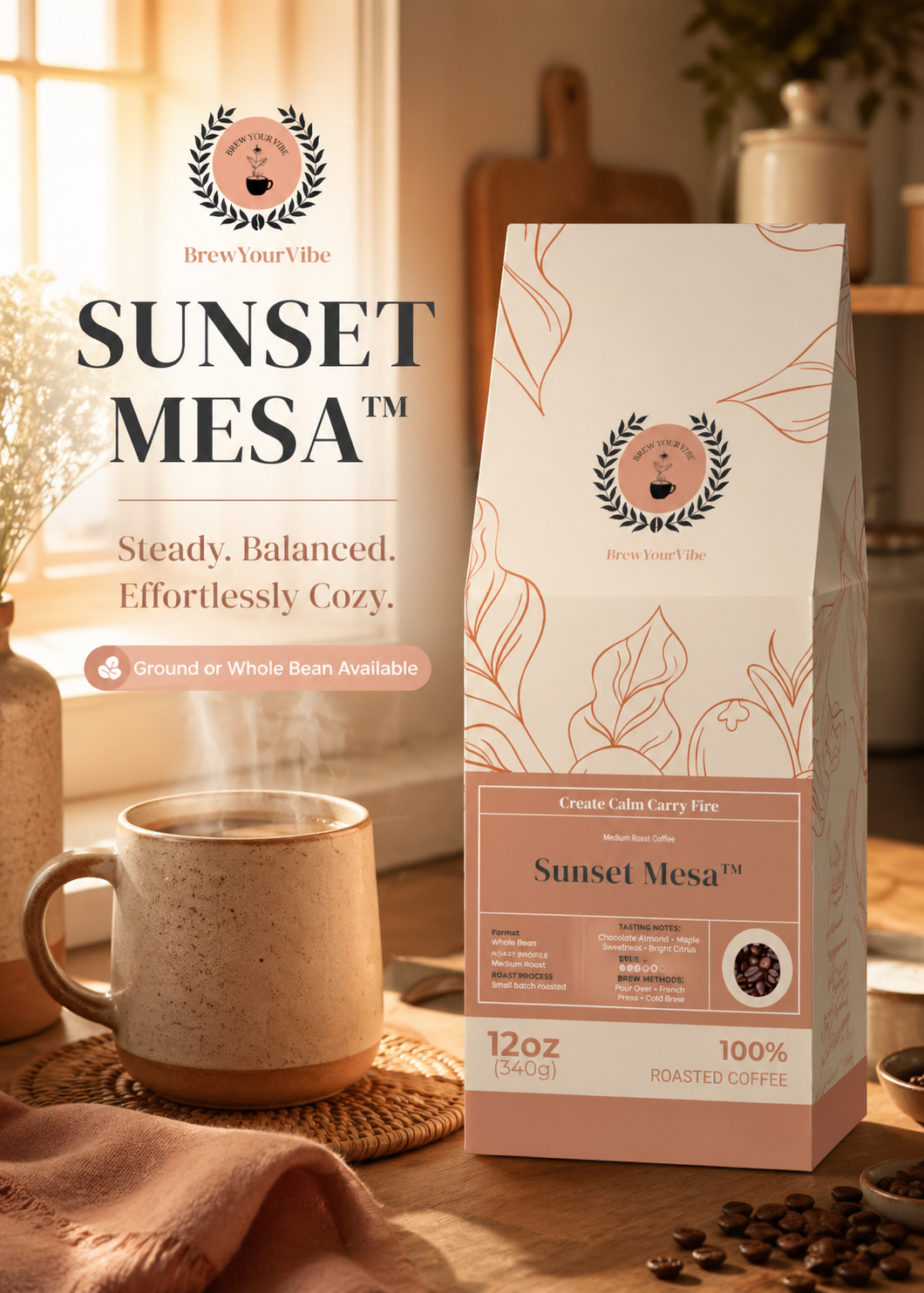 SUNSET MESA™ — Medium Roast Coffee (Whole Bean)  Tasting Notes: Chocolate-Almond • Maple • Citrus - Origins: Brazil • Mexico (Chiapas) — 100% Arabica