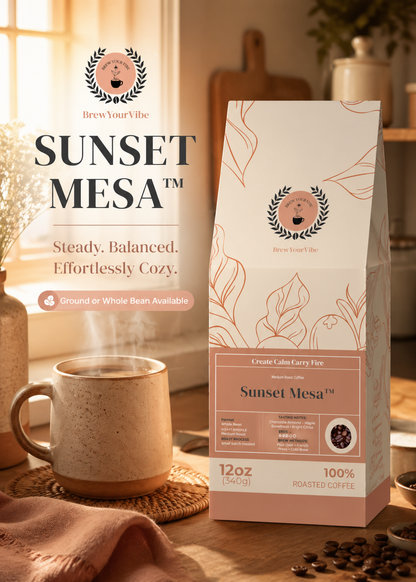 SUNSET MESA™ — Medium Roast Coffee (Whole Bean)  Tasting Notes: Chocolate-Almond • Maple • Citrus - Origins: Brazil • Mexico (Chiapas) — 100% Arabica