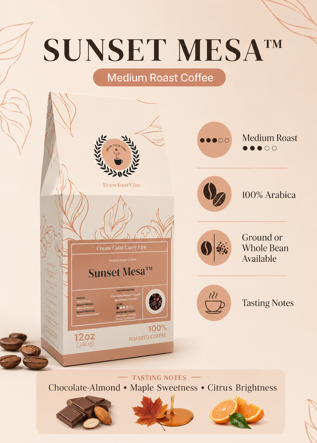 SUNSET MESA™ — Medium Roast Coffee (Whole Bean)  Tasting Notes: Chocolate-Almond • Maple • Citrus - Origins: Brazil • Mexico (Chiapas) — 100% Arabica