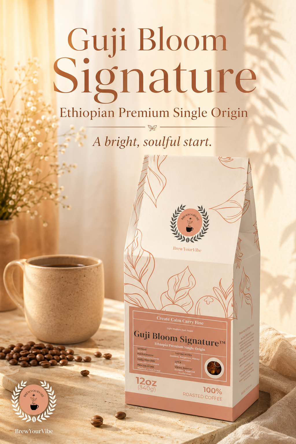 Guji Bloom Signature™ Ethiopia Premium Single Origin- Coffee (Whole Bean) Light- Medium Roast • Tasting notes: Green Tea • Lemon Verbena • Blackberry