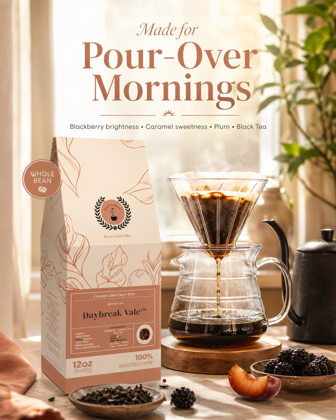 Daybreak Vale™- Light Roast Coffee (Whole Bean) Tasting Notes: Blackberry • Caramel • Plum • Black Tea - Origins: Ethiopia · Guatemala · Brazil