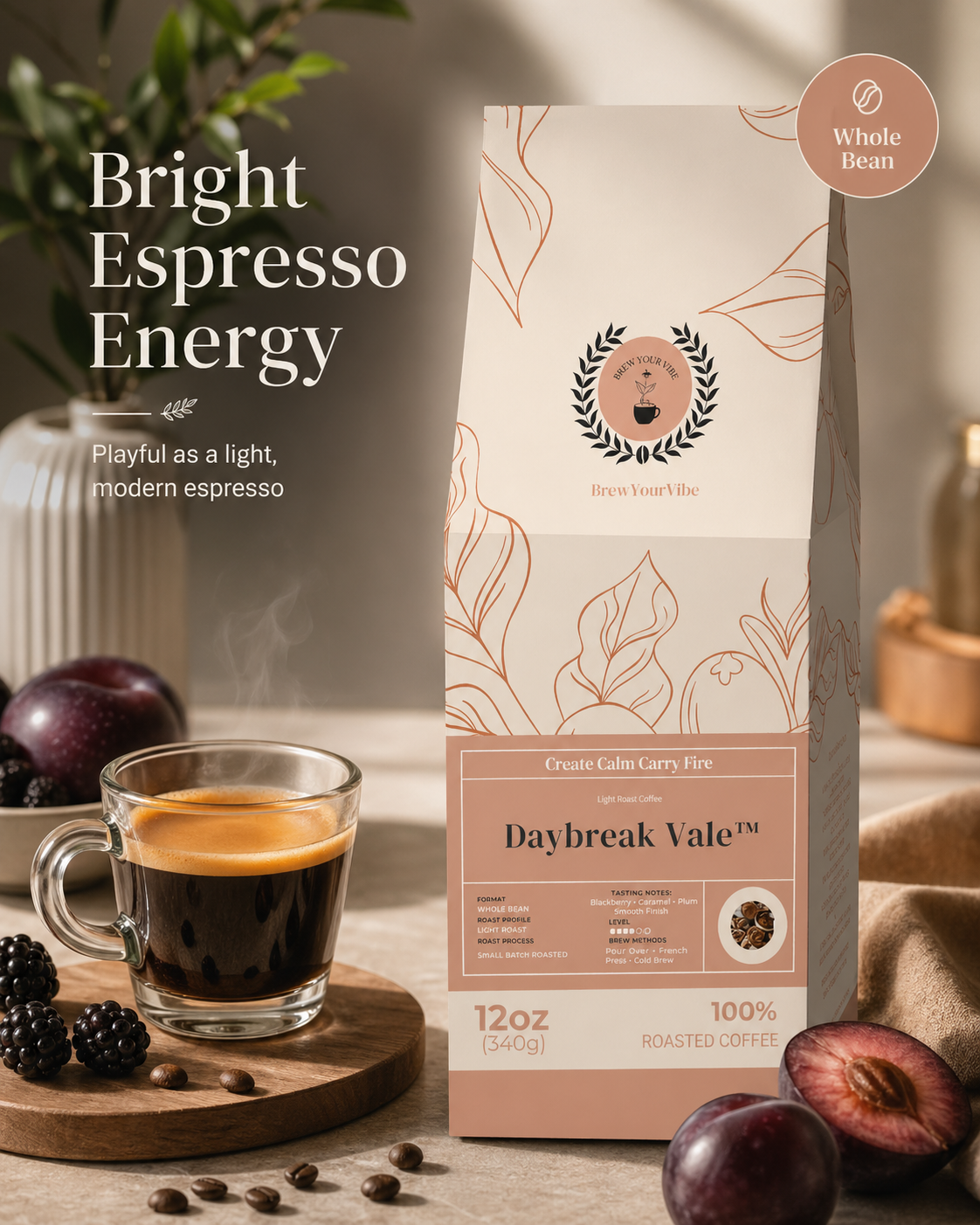 Daybreak Vale™- Light Roast Coffee (Whole Bean) Tasting Notes: Blackberry • Caramel • Plum • Black Tea - Origins: Ethiopia · Guatemala · Brazil