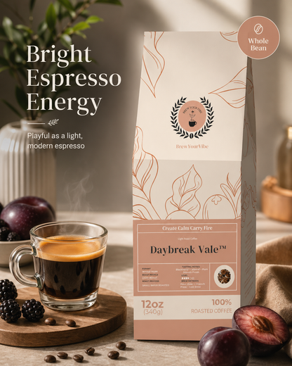 Daybreak Vale™- Light Roast Coffee (Whole Bean) Tasting Notes: Blackberry • Caramel • Plum • Black Tea - Origins: Ethiopia · Guatemala · Brazil