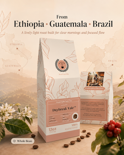 Daybreak Vale™- Light Roast Coffee (Whole Bean) Tasting Notes: Blackberry • Caramel • Plum • Black Tea - Origins: Ethiopia · Guatemala · Brazil