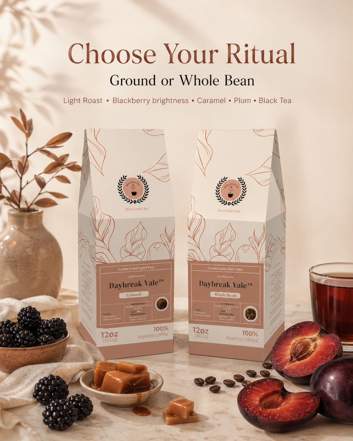 Daybreak Vale™- Light Roast Coffee (Whole Bean) Tasting Notes: Blackberry • Caramel • Plum • Black Tea - Origins: Ethiopia · Guatemala · Brazil