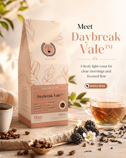 Daybreak Vale™- Light Roast Coffee (Whole Bean) Tasting Notes: Blackberry • Caramel • Plum • Black Tea - Origins: Ethiopia · Guatemala · Brazil