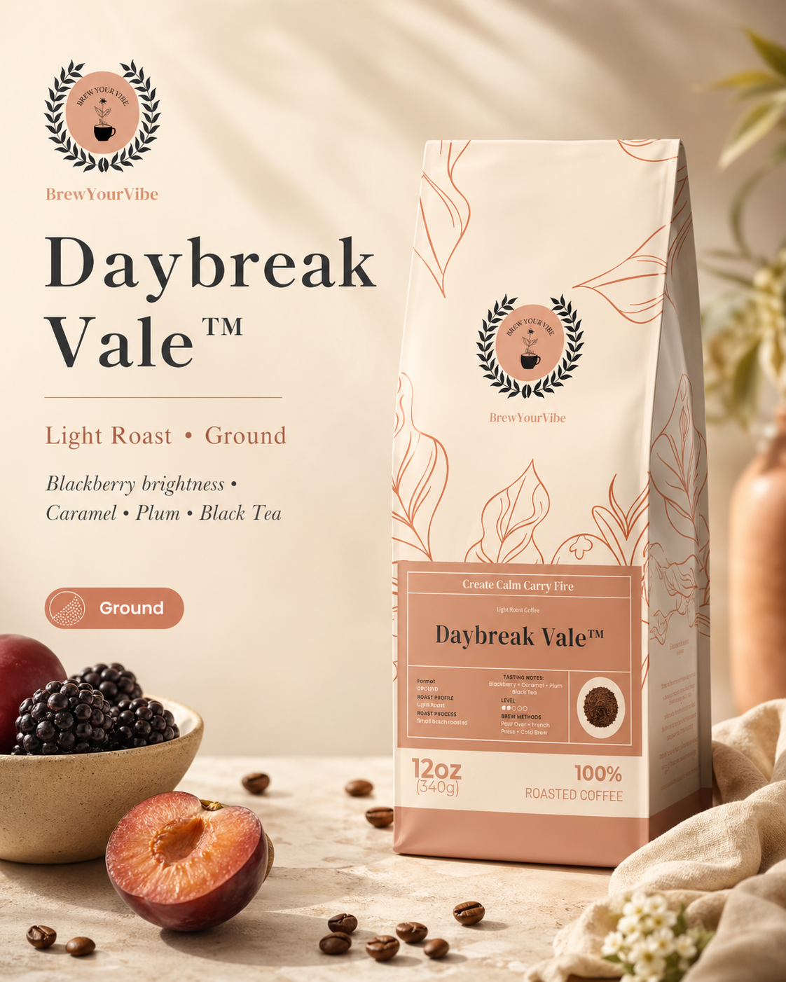 Daybreak Vale™- Light Roast Coffee (Ground) -Tasting Notes: Blackberry • Caramel • Plum • Black Tea - Origins: Ethiopia · Guatemala · Brazil