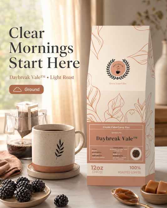 Daybreak Vale™- Light Roast Coffee (Ground) -Tasting Notes: Blackberry • Caramel • Plum • Black Tea - Origins: Ethiopia · Guatemala · Brazil