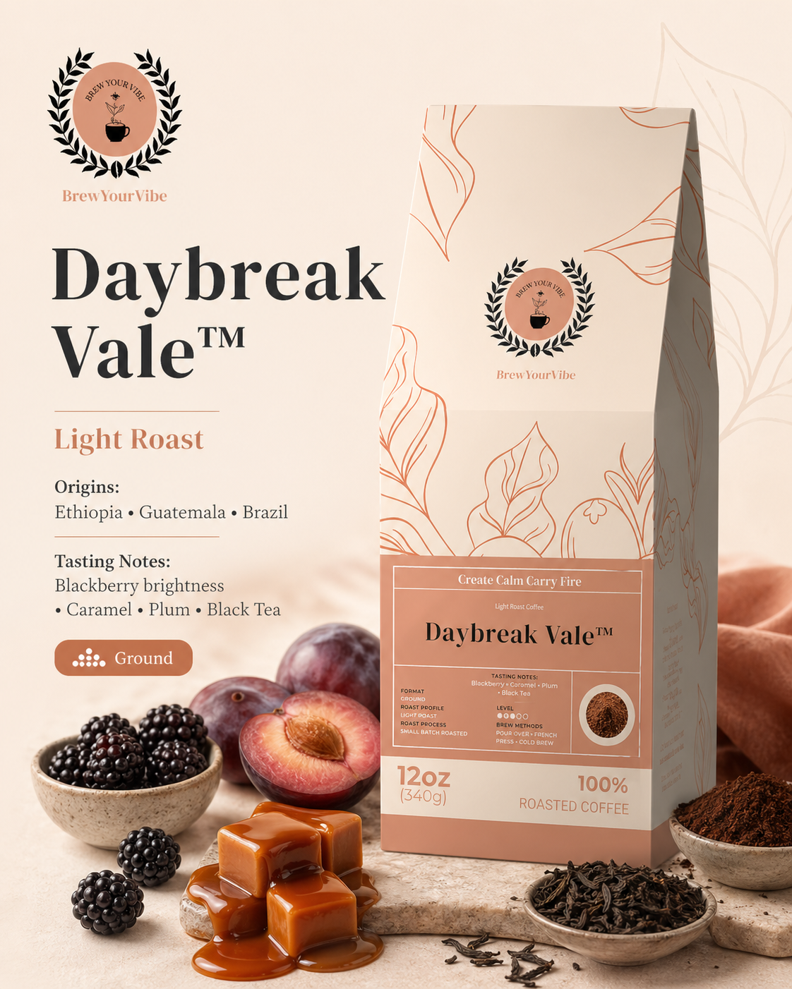 Daybreak Vale™- Light Roast Coffee (Ground) -Tasting Notes: Blackberry • Caramel • Plum • Black Tea - Origins: Ethiopia · Guatemala · Brazil