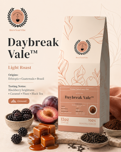 Daybreak Vale™- Light Roast Coffee (Ground) -Tasting Notes: Blackberry • Caramel • Plum • Black Tea - Origins: Ethiopia · Guatemala · Brazil