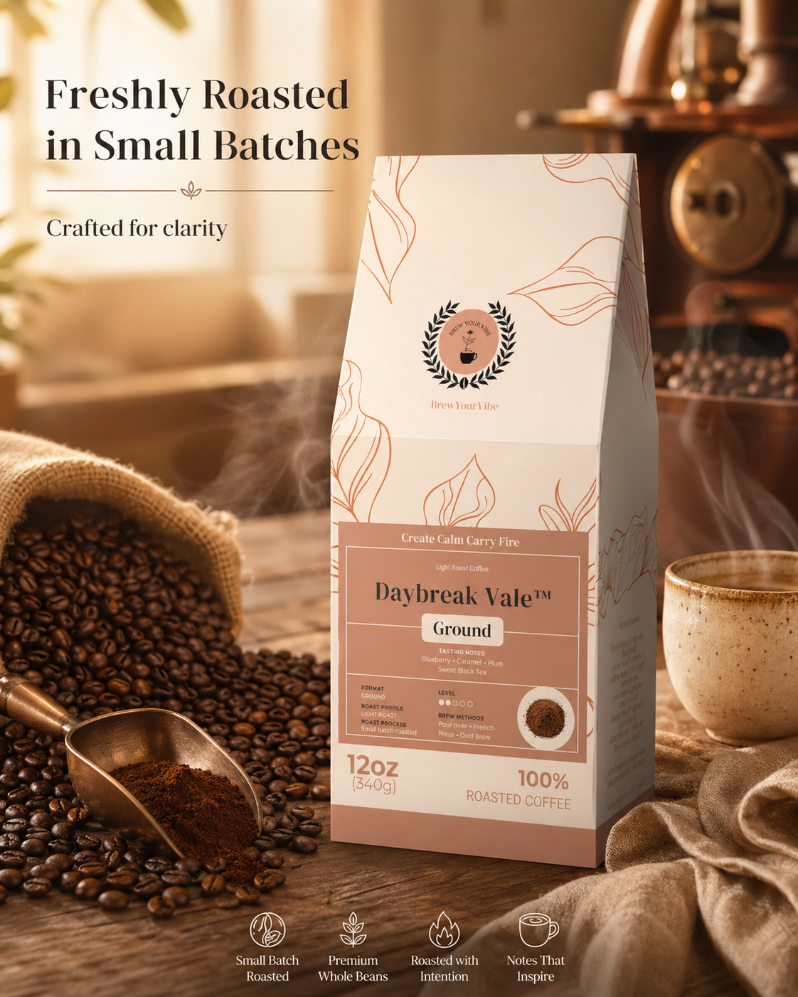 Daybreak Vale™- Light Roast Coffee (Ground) -Tasting Notes: Blackberry • Caramel • Plum • Black Tea - Origins: Ethiopia · Guatemala · Brazil
