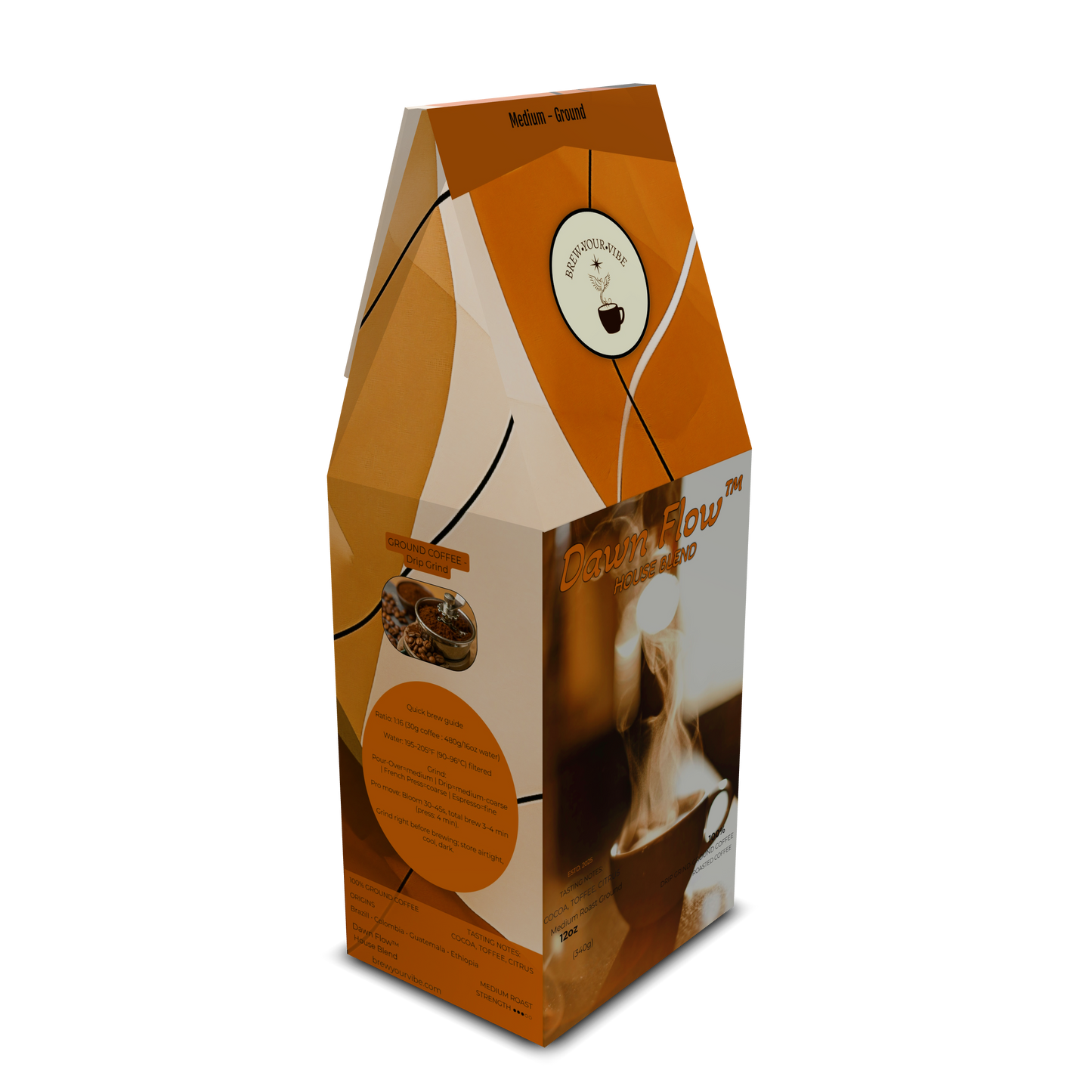 DAWN FLOW™ House Blend- Medium Roast Coffee (Ground) - Tasting notes: Toffee • Dark Chocolate • Citrus - Origins • Brazil • Colombia • Guatemala • Ethiopia