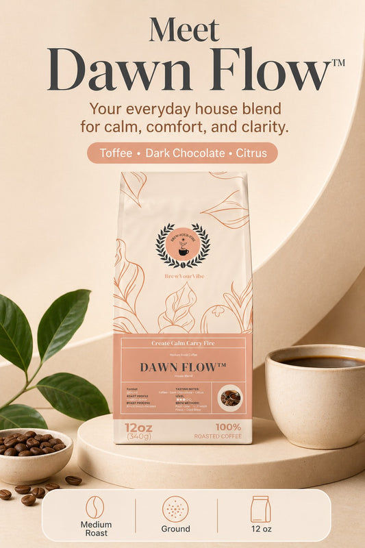 DAWN FLOW™ House Blend- Medium Roast Coffee (Ground) - Tasting notes: Toffee • Dark Chocolate • Citrus - Origins • Brazil • Colombia • Guatemala • Ethiopia