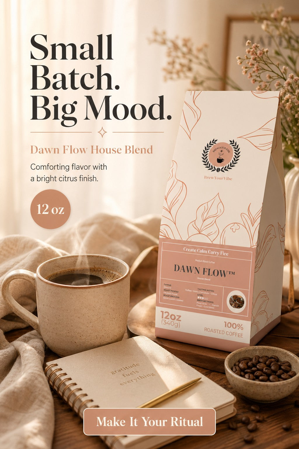 DAWN FLOW™ House Blend - Medium Roast Coffee (Whole Bean) -Tasting Notes: Toffee • Dark Chocolate • Citrus - Origins • Brazil • Colombia • Guatemala • Ethiopia