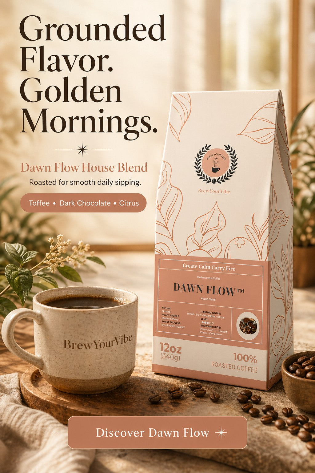 DAWN FLOW™ House Blend- Medium Roast Coffee (Ground) - Tasting notes: Toffee • Dark Chocolate • Citrus - Origins • Brazil • Colombia • Guatemala • Ethiopia