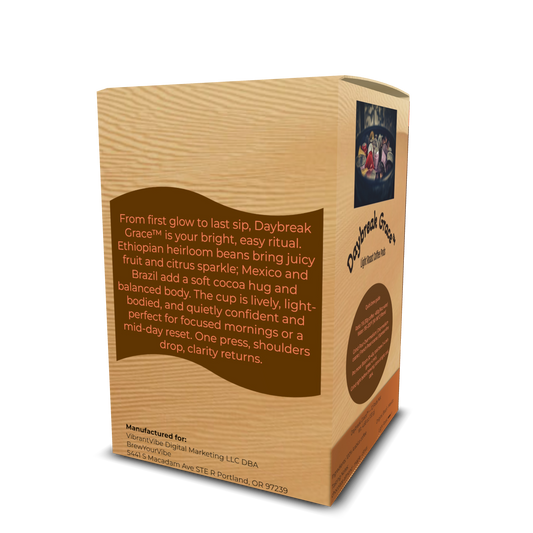 DAYBREAK GRACE™ - Light Roast Coffee Pods (12 Ct) Tasting Notes: Citrus • Stone Fruit • Honey • Cocoa - Origins: Ethiopia • Mexico • Brazil