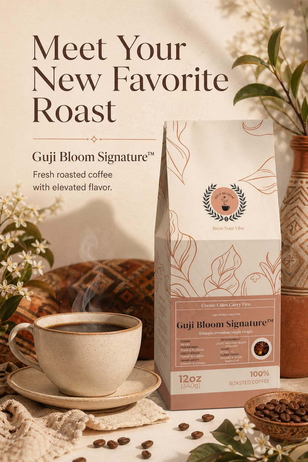 Guji Bloom Signature™  Ethiopia Premium Single Origin - Coffee (Ground) Light Medium Roast  •  Tasting Notes:  Green Tea • Lemon Verbena • Blackberry