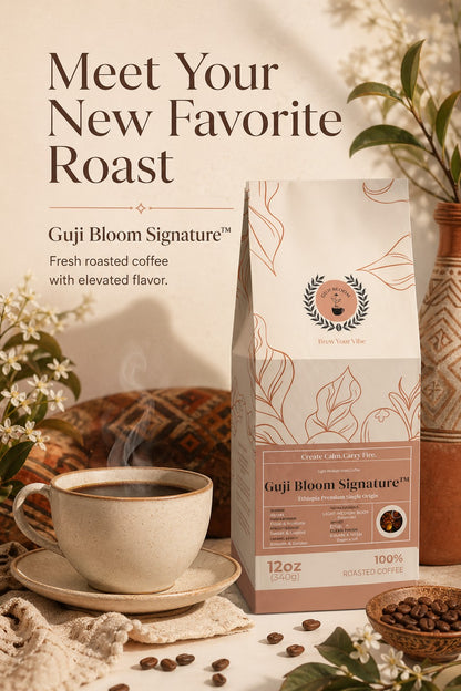 Guji Bloom Signature™  Ethiopia Premium Single Origin - Coffee (Ground) Light Medium Roast  •  Tasting Notes:  Green Tea • Lemon Verbena • Blackberry