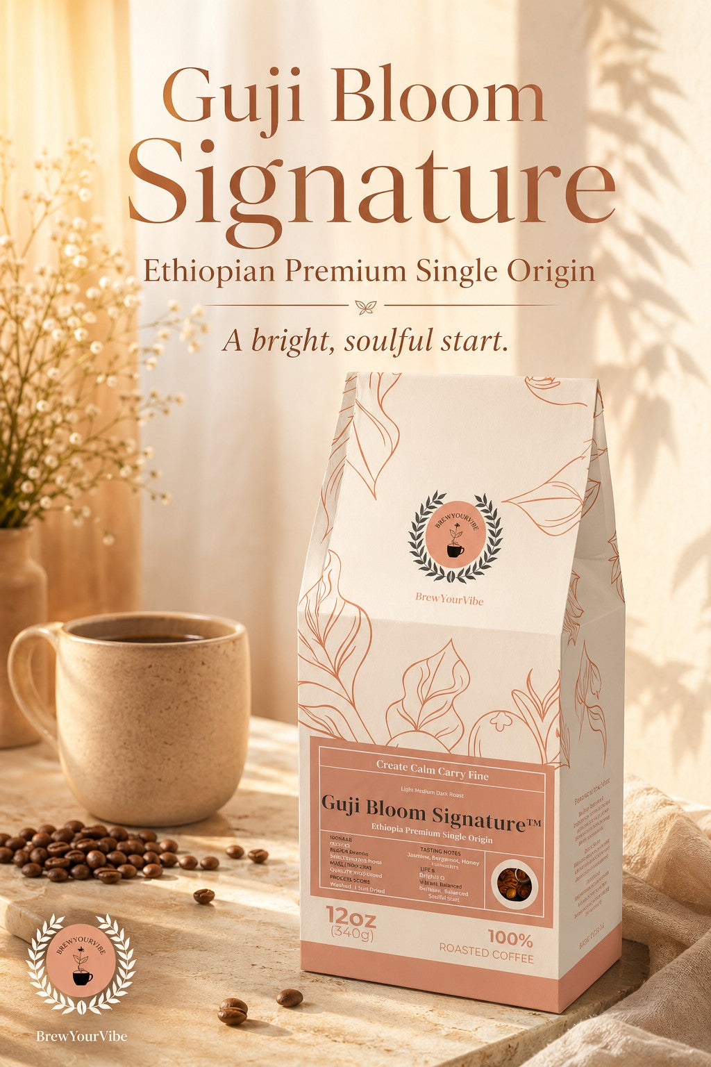 Guji Bloom Signature™  Ethiopia Premium Single Origin - Coffee (Ground) Light Medium Roast  •  Tasting Notes:  Green Tea • Lemon Verbena • Blackberry