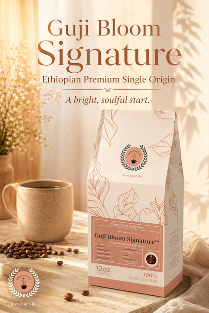 Guji Bloom Signature™  Ethiopia Premium Single Origin - Coffee (Ground) Light Medium Roast  •  Tasting Notes:  Green Tea • Lemon Verbena • Blackberry