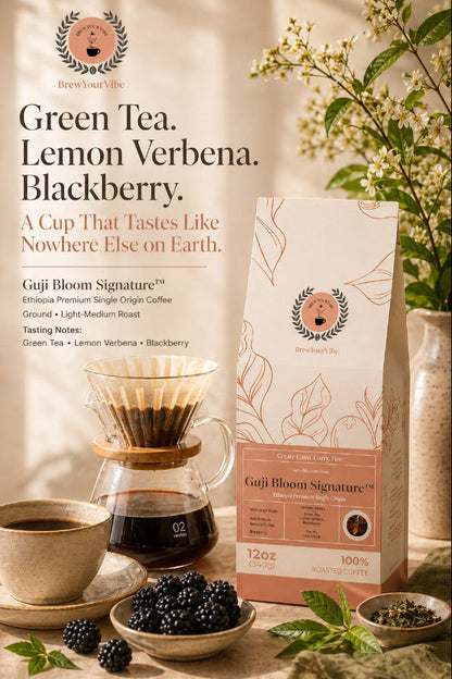 Guji Bloom Signature™  Ethiopia Premium Single Origin - Coffee (Ground) Light Medium Roast  •  Tasting Notes:  Green Tea • Lemon Verbena • Blackberry