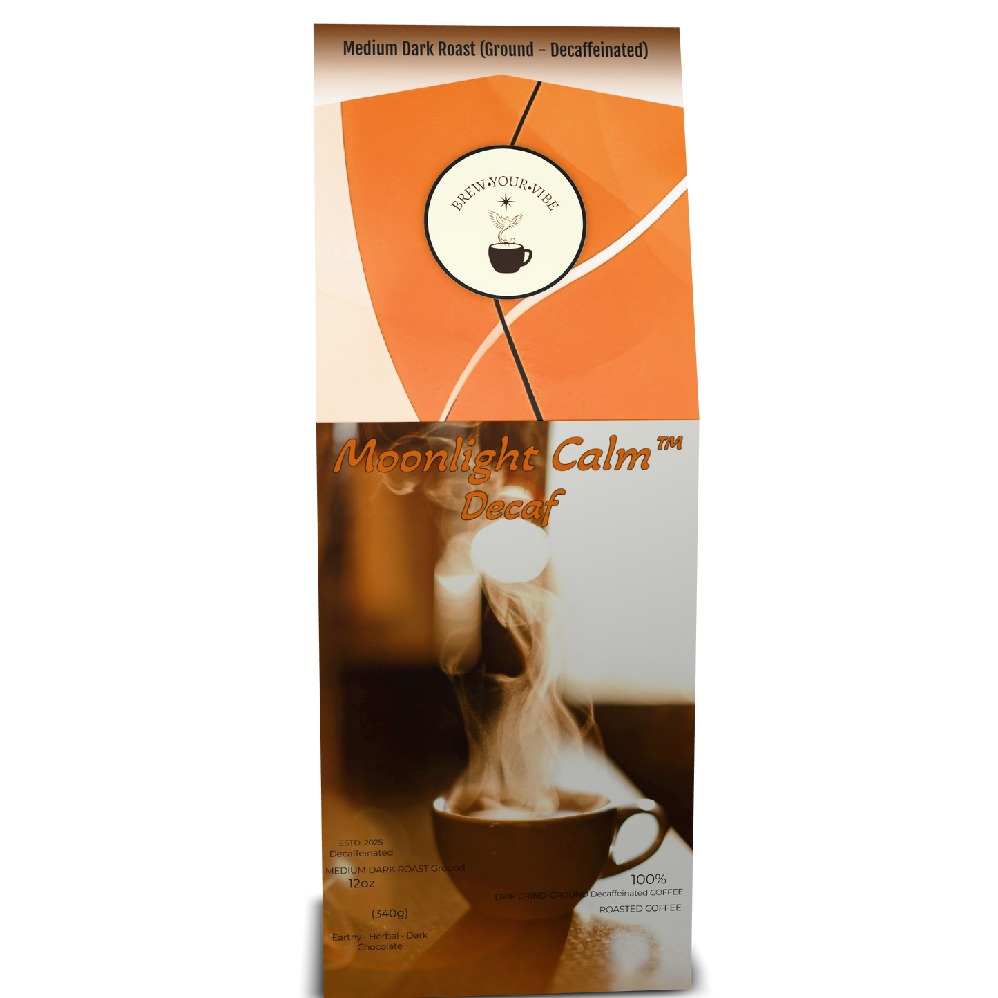 MOONLIGHT CALM™ - Decaf -Medium Dark Roast Coffee (Ground) - Tasting Notes: Earthy • Herbal Notes •  Dark Chocolate - Origin/Region: Indonesia - Mandheling