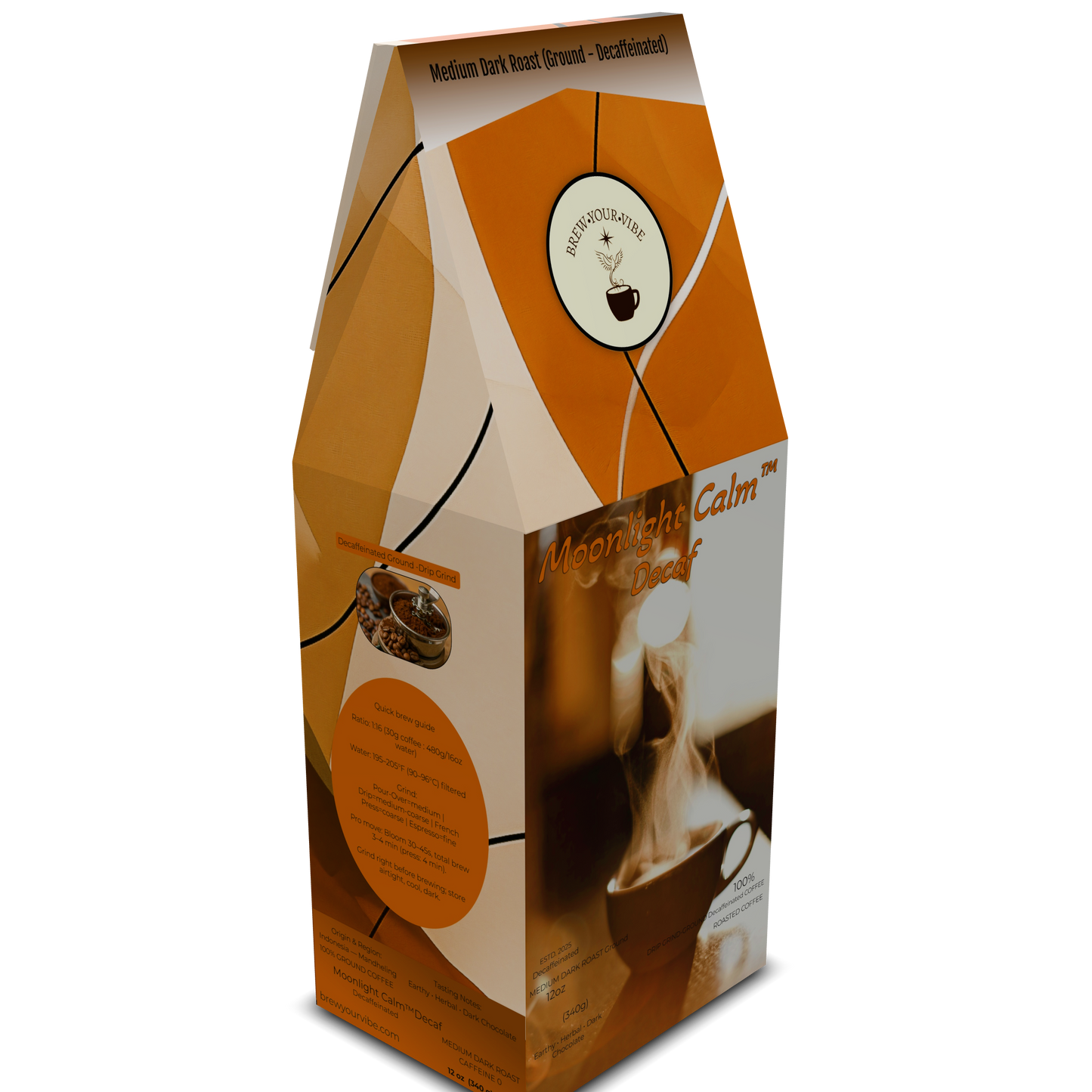 MOONLIGHT CALM™ - Decaf -Medium Dark Roast Coffee (Ground) - Tasting Notes: Earthy • Herbal Notes •  Dark Chocolate - Origin/Region: Indonesia - Mandheling