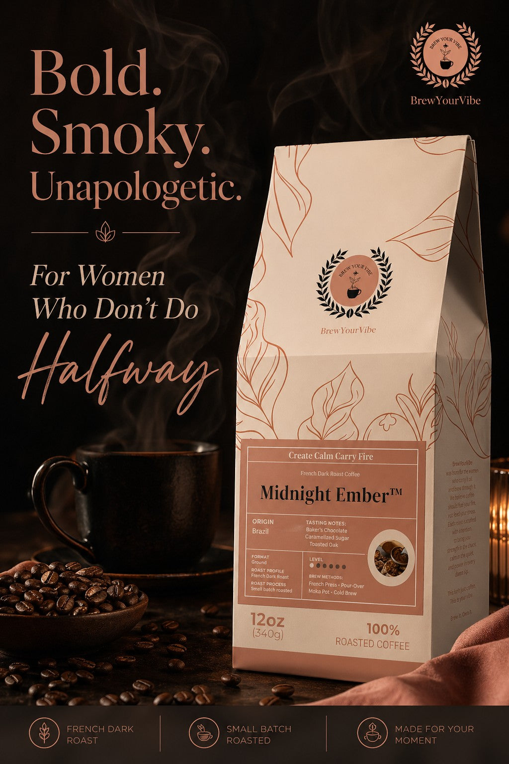 Midnight Ember™ — Dark French Roast Coffee (Ground) Tasting Notes: Baker’s Chocolate  • Caramelized sugar • Toasted Oak - Origin: Brazil