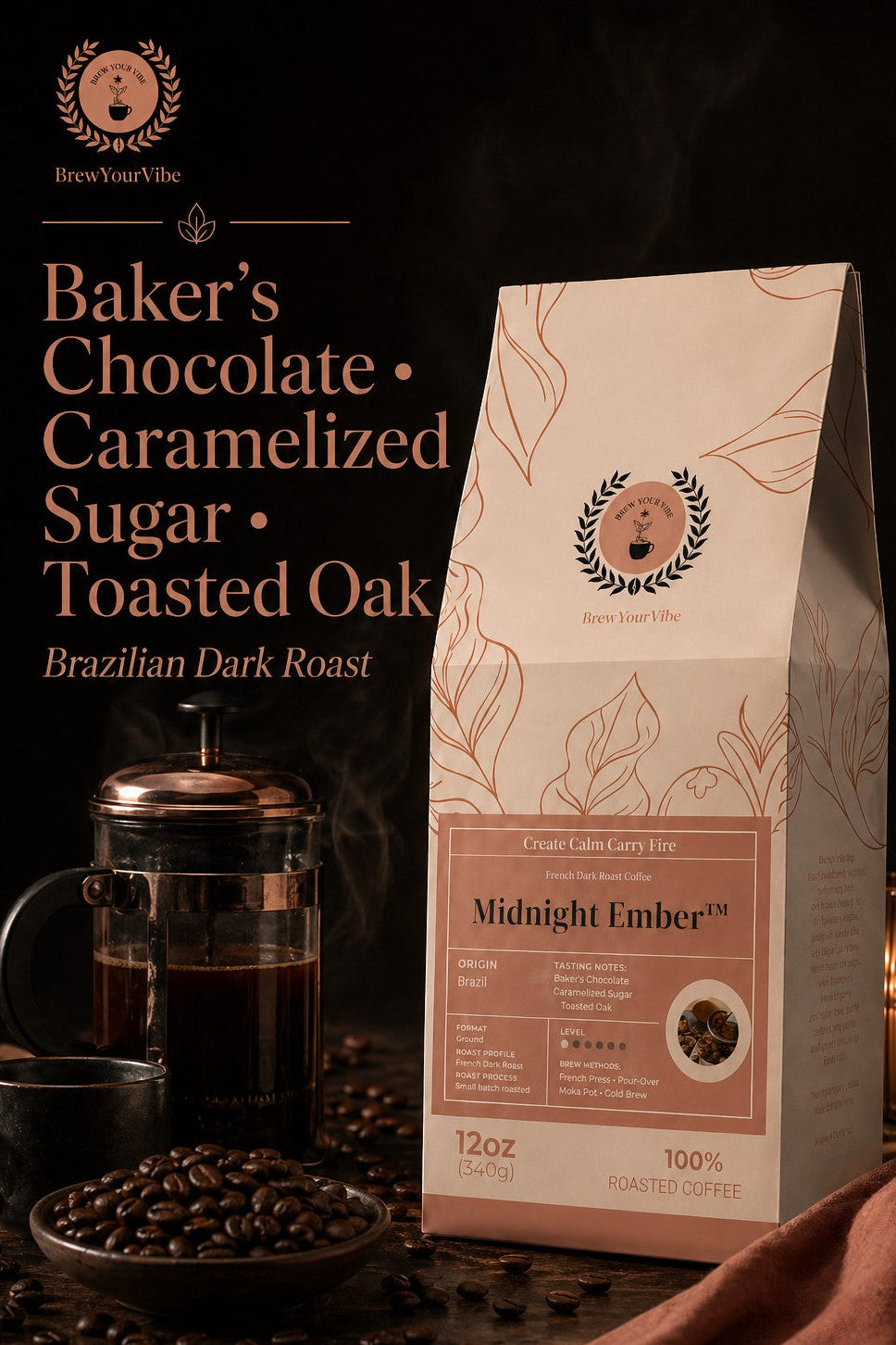 Midnight Ember™ —  Dark French Roast Coffee (Whole Bean)  Tasting Notes: Baker’s Chocolate  • Caramelized sugar • Toasted Oak - Origin: Brazil
