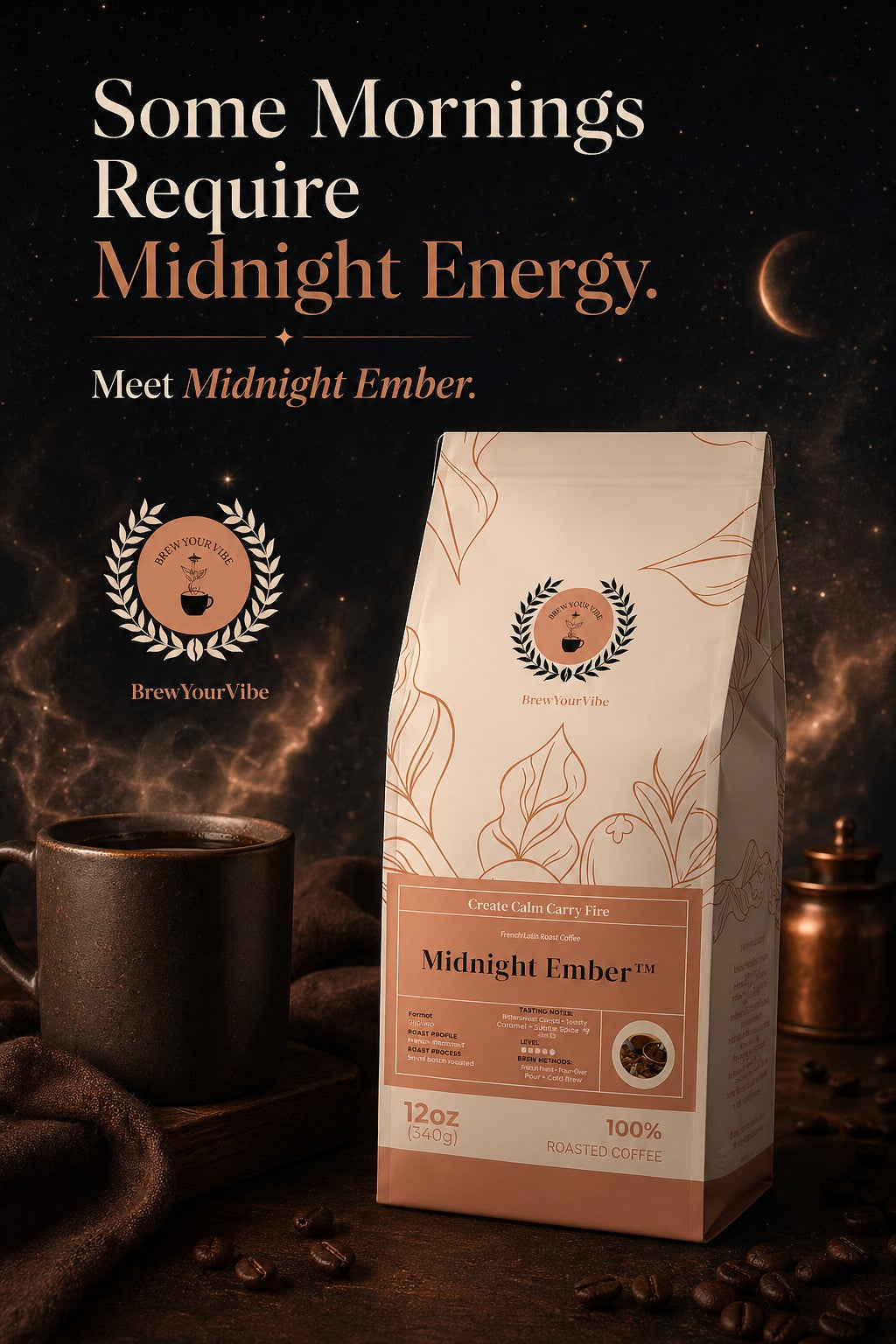 Midnight Ember™ —  Dark French Roast Coffee (Whole Bean)  Tasting Notes: Baker’s Chocolate  • Caramelized sugar • Toasted Oak - Origin: Brazil