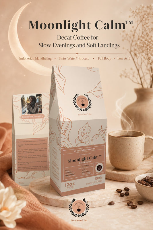 MOONLIGHT CALM™ - Decaf -Medium Dark Roast Coffee (Ground) - Tasting Notes: Earthy • Herbal Notes •  Dark Chocolate - Origin/Region: Indonesia - Mandheling