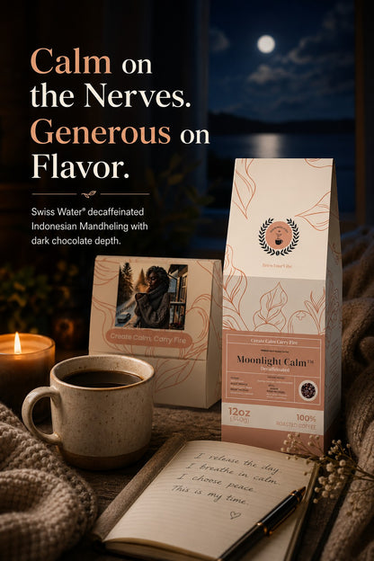 MOONLIGHT CALM™ - Decaf -Medium Dark Roast Coffee (Ground) - Tasting Notes: Earthy • Herbal Notes •  Dark Chocolate - Origin/Region: Indonesia - Mandheling
