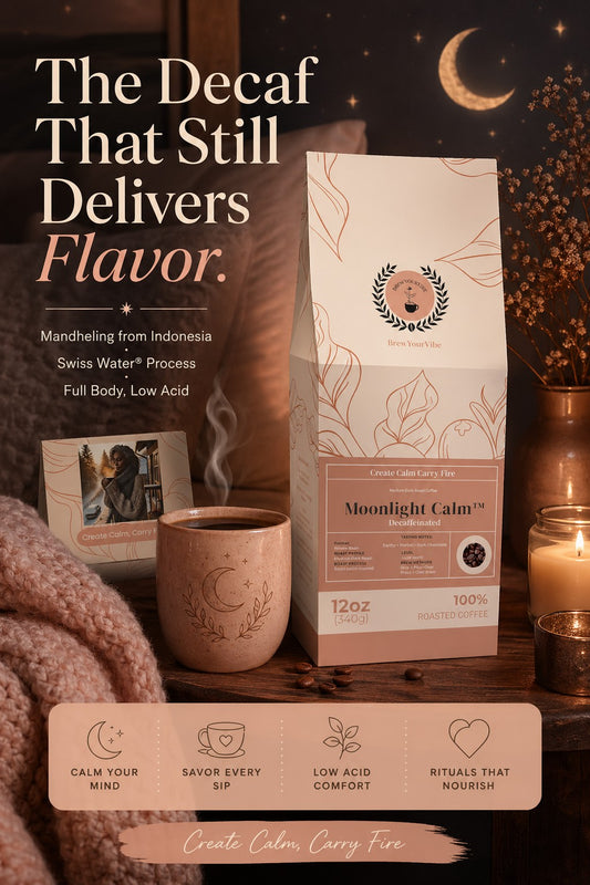 MOONLIGHT CALM™ Decaf -Medium Dark Roast Coffee (Whole Bean) Tasting Notes: Earthy • Herbal Notes •  Dark Chocolate - Origin/Region: Indonesia/Mandheling