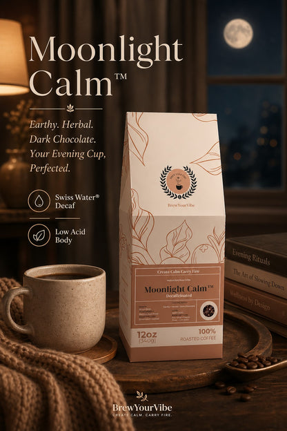 MOONLIGHT CALM™ Decaf -Medium Dark Roast Coffee (Whole Bean) Tasting Notes: Earthy • Herbal Notes •  Dark Chocolate - Origin/Region: Indonesia/Mandheling