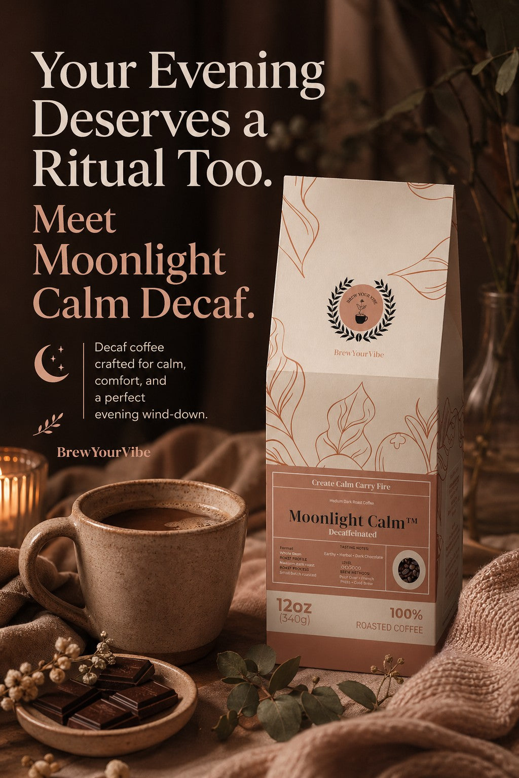 MOONLIGHT CALM™ Decaf -Medium Dark Roast Coffee (Whole Bean) Tasting Notes: Earthy • Herbal Notes •  Dark Chocolate - Origin/Region: Indonesia/Mandheling