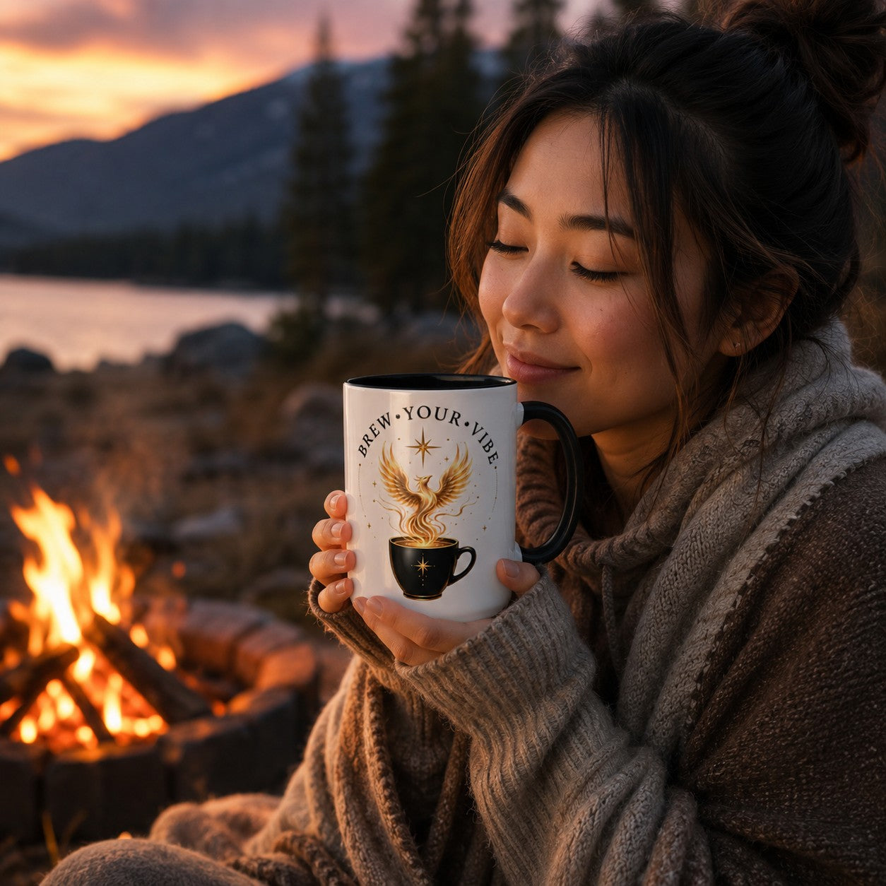 Two-Tone Phoenix Coffee Mug | White Ceramic with Black Inside & Handle, 15 oz