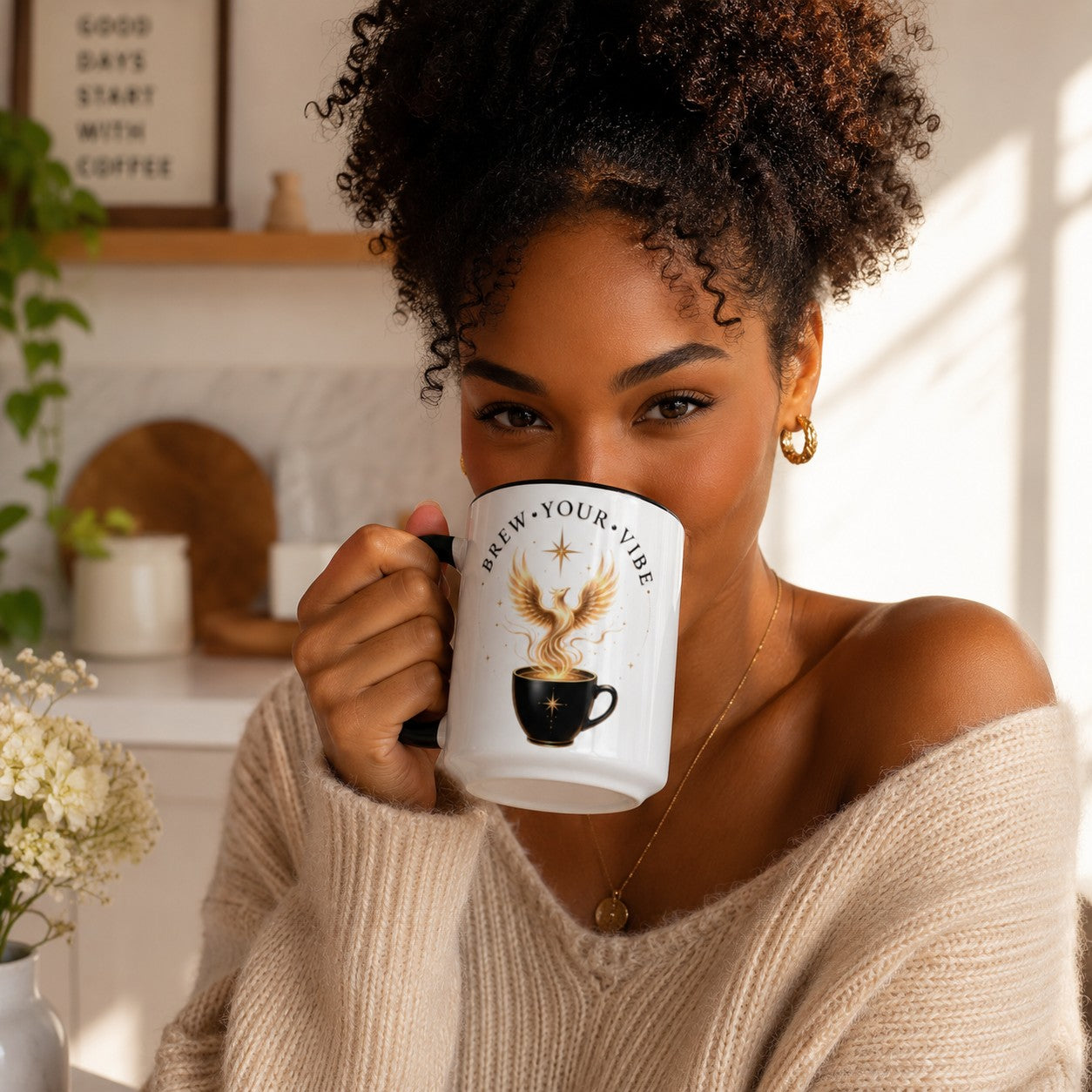 Two-Tone Phoenix Coffee Mug | White Ceramic with Black Inside & Handle, 15 oz