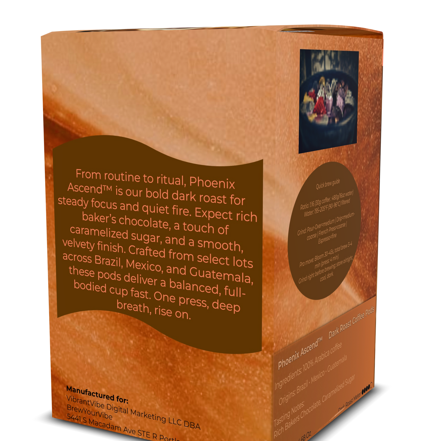 PHOENIX ASCEND™ — Dark Roast Coffee Pods (12 Ct) - Tasting Notes: Rich Bakers Chocolate • Caramelized Sugar - Origins: Brazil • Mexico • Guatemala