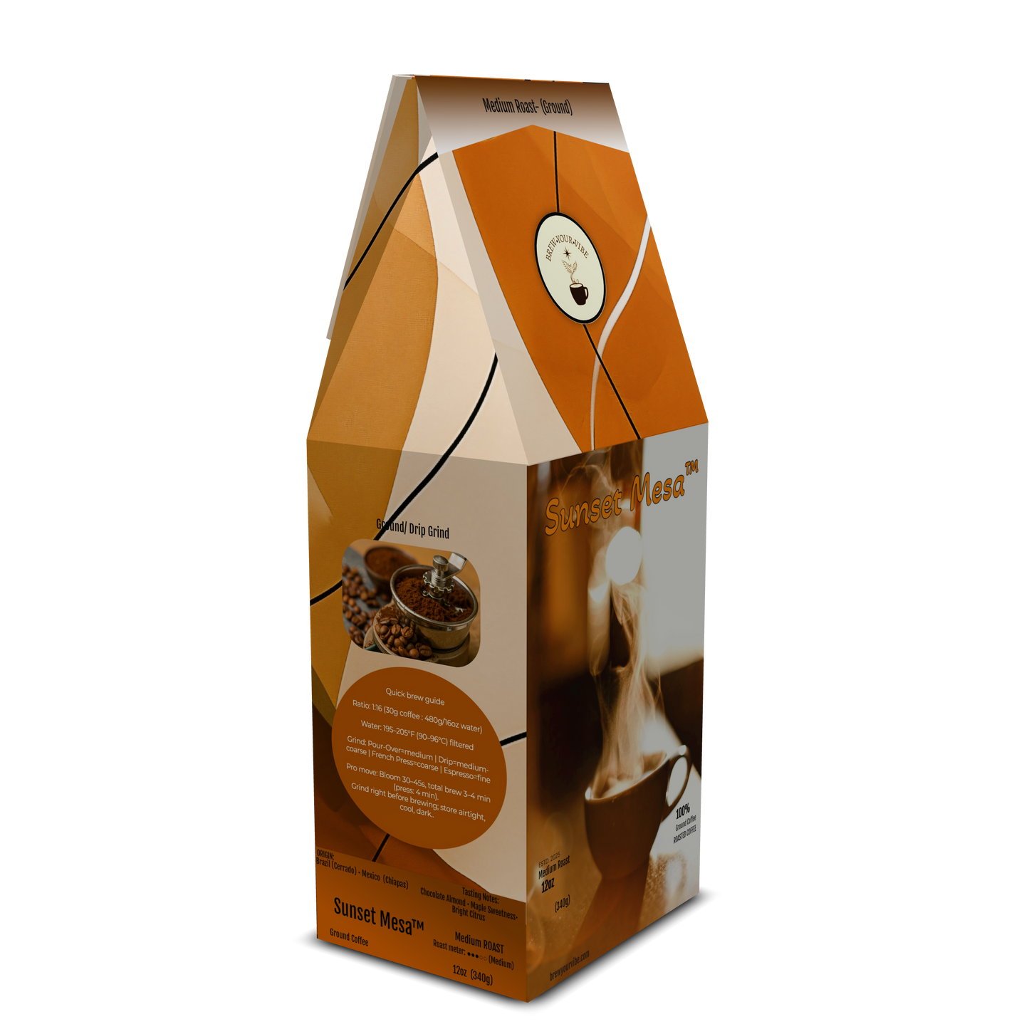 SUNSET MESA™ — Medium Roast Coffee (Ground)  Tasting Notes: Chocolate-Almond • Maple • Citrus - Origins: Brazil • Mexico (Chiapas) — 100% Arabica