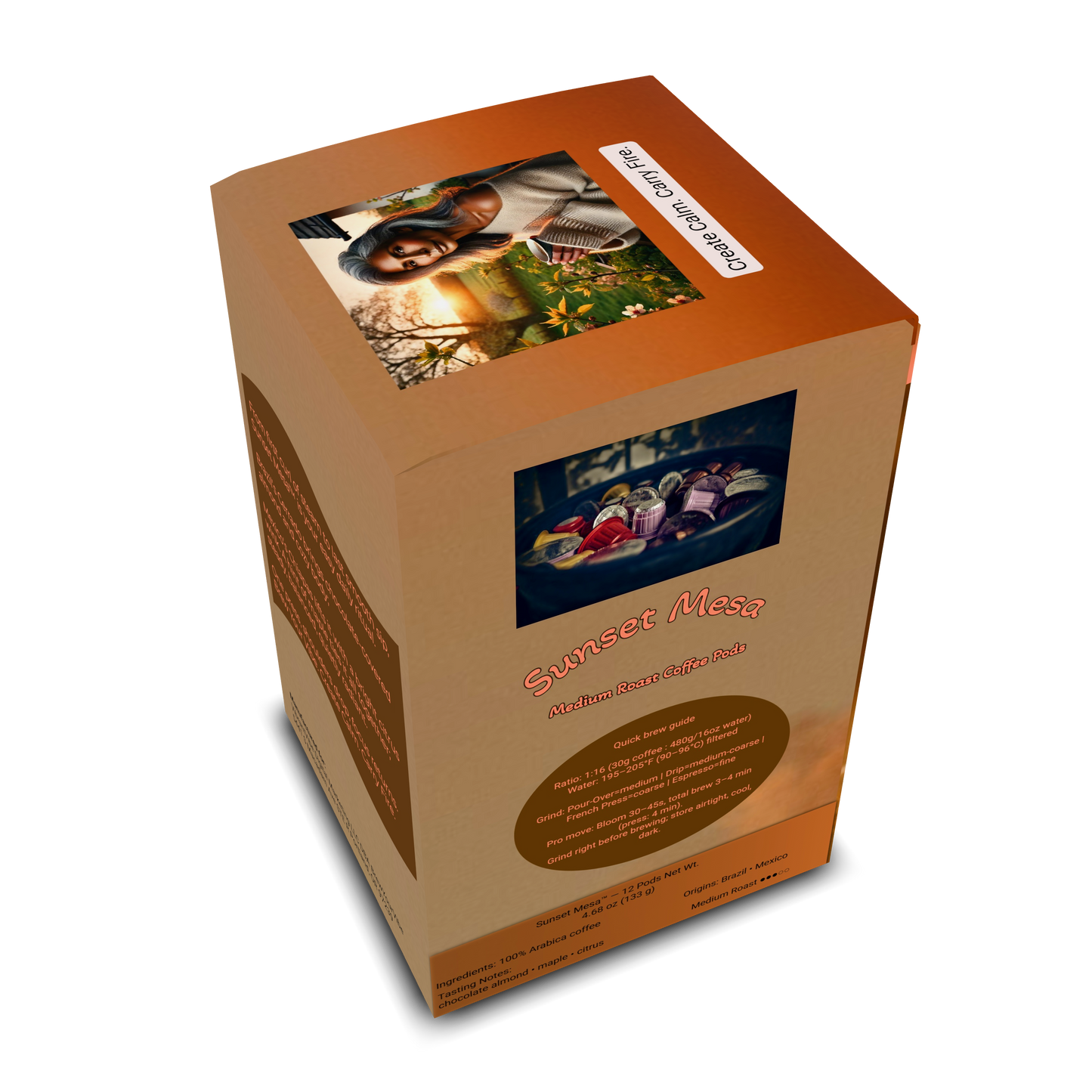 SUNSET MESA™ — Medium Roast Coffee Pods (12ct) - Tasting Notes: Chocolate-Almond • Maple • Citrus - Origins: Brazil • Mexico (Chiapas) — 100% Arabica