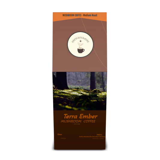 TERRA EMBER™ — Mushroom Coffee (Lion’s Mane and Chaga)- Tasting Notes: Cocoa • Toasted Almond • Gentle Earth - Origin/ Region: Brazil (Cerrado)• Mexico (Chiapas)