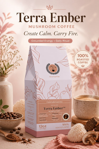 TERRA EMBER™ — Mushroom Coffee (Lion’s Mane and Chaga)- Tasting Notes: Cocoa • Toasted Almond • Gentle Earth - Origin/ Region: Brazil (Cerrado)• Mexico (Chiapas)