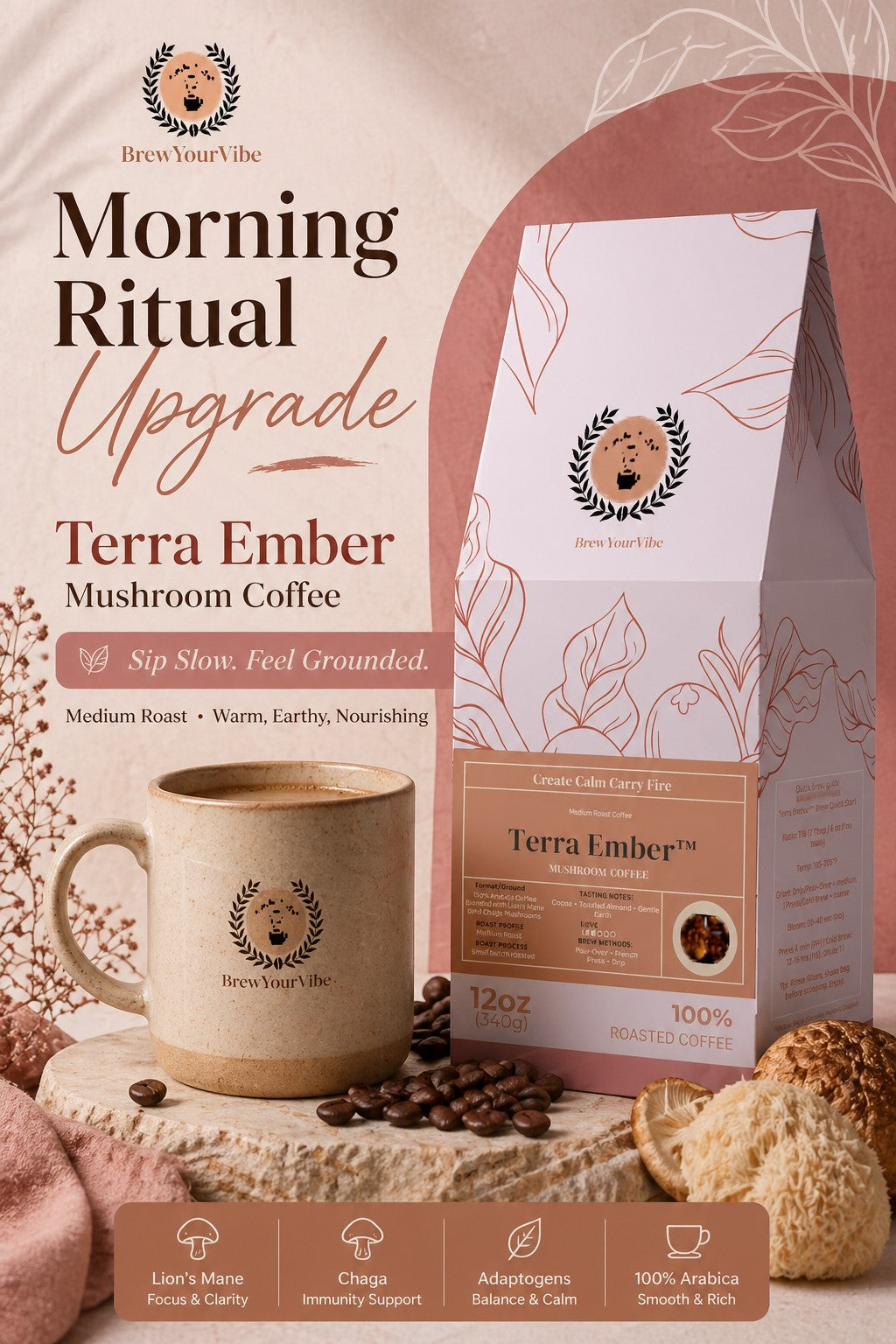 TERRA EMBER™ — Mushroom Coffee (Lion’s Mane and Chaga)- Tasting Notes: Cocoa • Toasted Almond • Gentle Earth - Origin/ Region: Brazil (Cerrado)• Mexico (Chiapas)