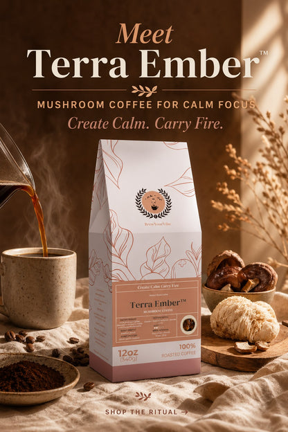 TERRA EMBER™ — Mushroom Coffee (Lion’s Mane and Chaga)- Tasting Notes: Cocoa • Toasted Almond • Gentle Earth - Origin/ Region: Brazil (Cerrado)• Mexico (Chiapas)