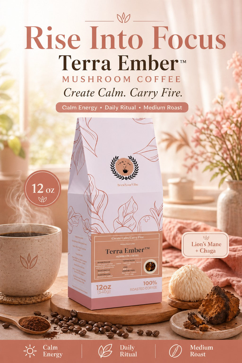 TERRA EMBER™ — Mushroom Coffee (Lion’s Mane and Chaga)- Tasting Notes: Cocoa • Toasted Almond • Gentle Earth - Origin/ Region: Brazil (Cerrado)• Mexico (Chiapas)